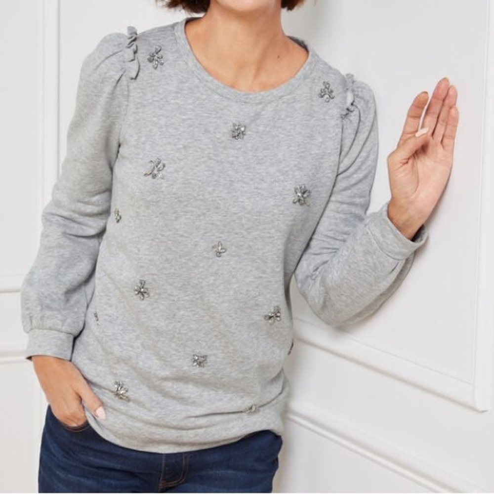 Embellished Grey Puff-Sleeve Sweatshirt - Women